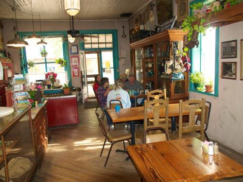 Cozy café interior with wooden tables, a display counter, and patrons enjoying their time together. Brightly lit and inviting.