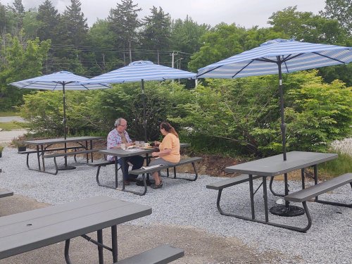 Two people sit at a picnic table under blue and white umbrellas, enjoying a meal in a gravel outdoor setting.