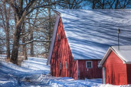 A red barn covered in snow, surrounded by trees and a snowy path under a clear blue sky.