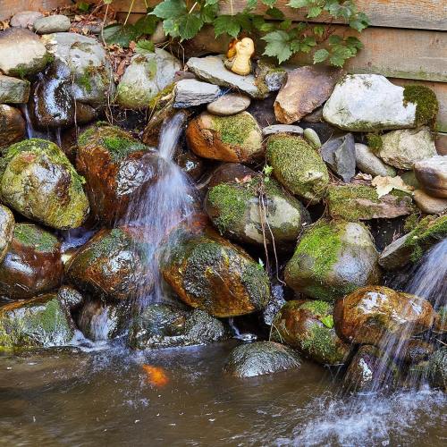 A small waterfall cascades over moss-covered rocks, with a rubber duck perched on top among the stones.