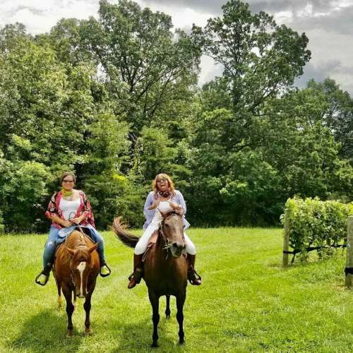 Two women riding horses in a green field surrounded by trees.
