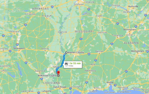 Map showing a route from Wilkinson County, Louisiana, to Warren County, Mississippi, with a travel time of 1 hour 53 minutes.