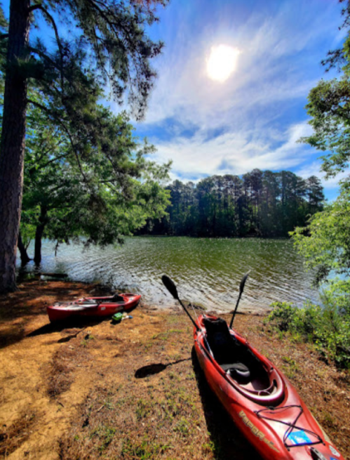 Two red kayaks on a sandy shore beside a calm lake, surrounded by trees and a bright blue sky.