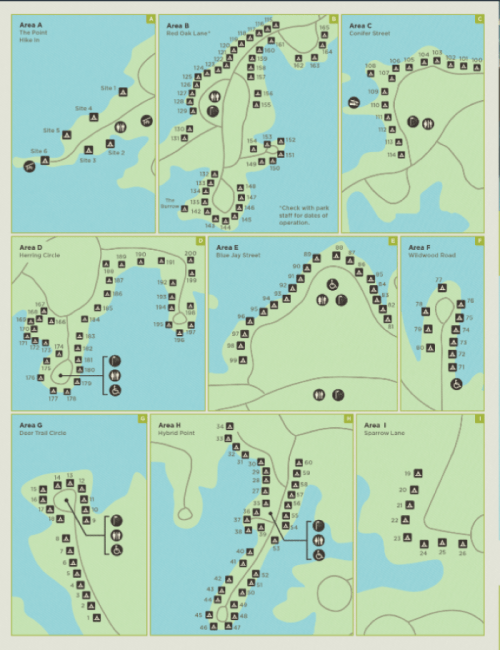 Map showing various areas and sites, labeled with numbers, along a waterway or coastline.