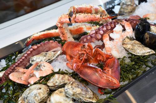 A seafood display featuring lobster, crab, shrimp, octopus, and oysters on ice with seaweed.