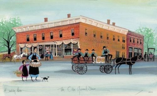 A colorful illustration of a historic town square with a general store, horse-drawn carriage, and people in period clothing.