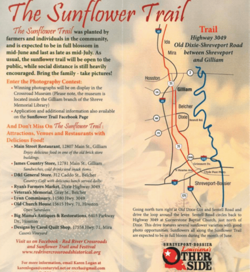 Map and information about the Sunflower Trail, highlighting attractions and routes in Louisiana.