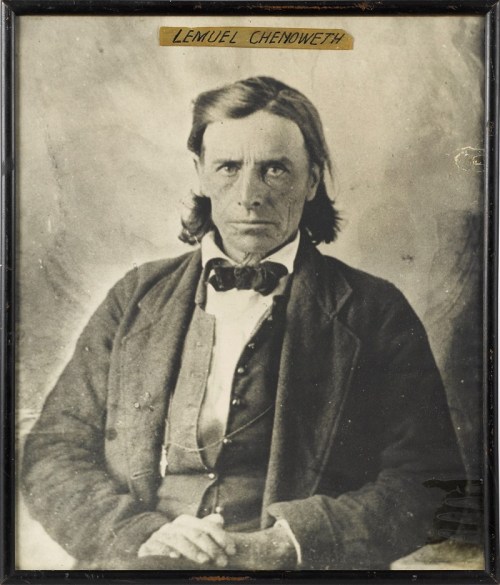 Black and white portrait of a man with long hair and a bow tie, labeled "Lemuel Chenoweth" at the top.