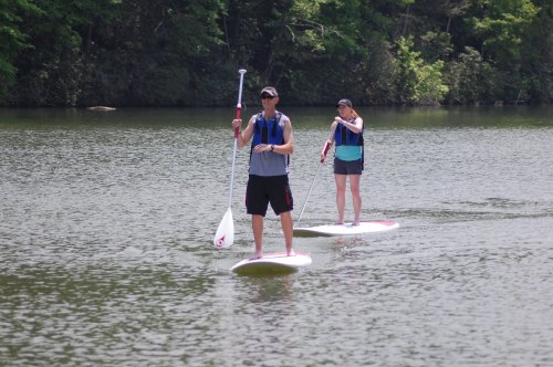 Two people paddleboarding on a calm lake surrounded by trees on a sunny day.