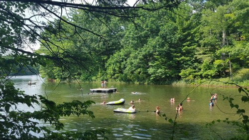People swimming and relaxing in a lake surrounded by lush greenery and a wooden dock.