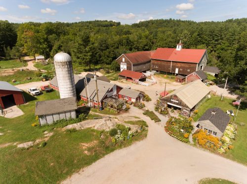 Aerial view of a farm with a red barn, silo, and various buildings surrounded by greenery and colorful flowers.
