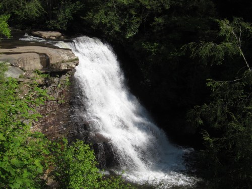 A cascading waterfall surrounded by lush green trees and rocky terrain, creating a serene natural scene.