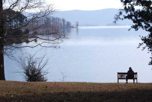 A person sits on a bench by a calm lake, surrounded by trees and distant mountains under a clear sky.