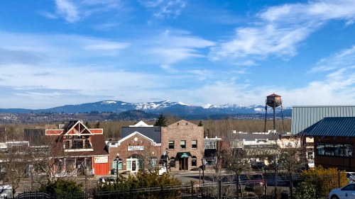 A scenic view of a small town with historic buildings and mountains in the background under a blue sky.