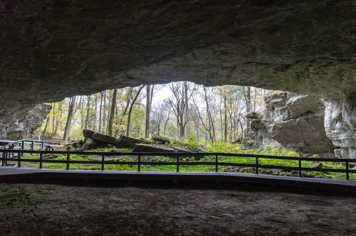 View from inside a cave, showcasing a natural rock arch and lush greenery outside.