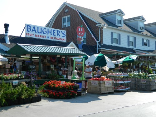 A vibrant fruit market with colorful produce, flowers, and umbrellas, featuring a sign for Baugher's Fruit Market & Restaurant.