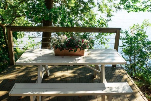 A wooden picnic table with a flower pot, surrounded by trees and overlooking a calm body of water.