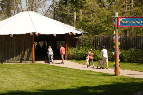 A group of people walks towards a tent-like structure in a park, with green grass and trees in the background.