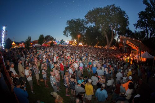 A large crowd gathers at an outdoor concert, with colorful lights and trees under a night sky.