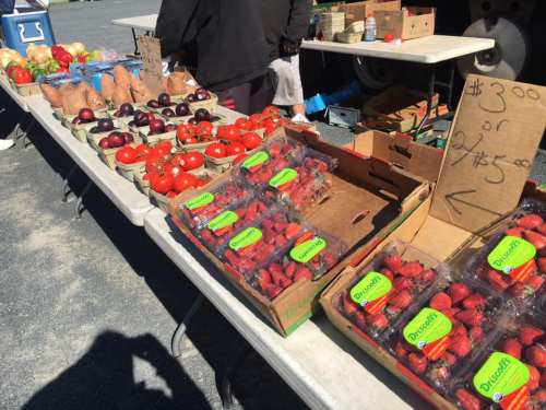 A market stall displaying fresh produce, including strawberries, tomatoes, sweet potatoes, and plums, with pricing signs.