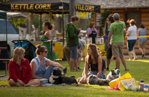 A group of people relax on the grass with dogs at an outdoor event, surrounded by vendors and activities.