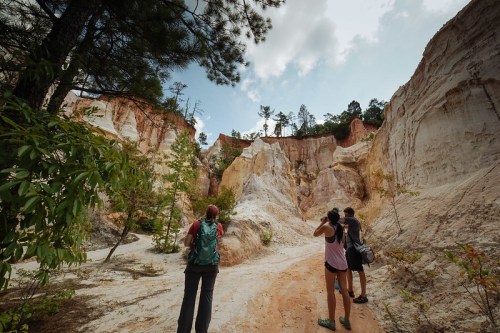 Two hikers explore a colorful canyon surrounded by tall cliffs and trees under a cloudy sky.