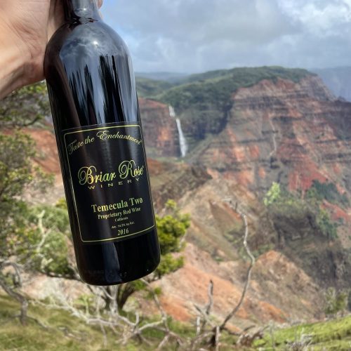 A hand holds a bottle of Briar Rose Winery's Temecula Two red wine against a scenic mountain backdrop with a waterfall.