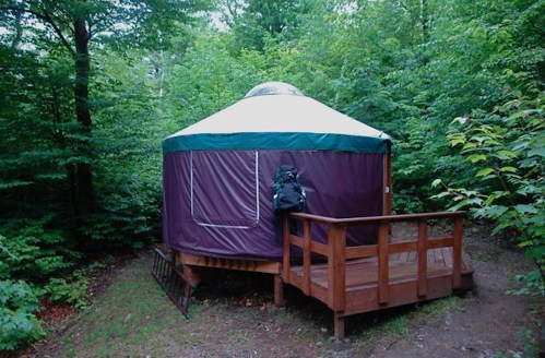 A yurt nestled in a lush green forest, featuring a wooden deck and surrounded by trees.
