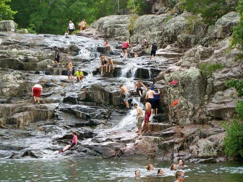 People enjoying a rocky waterfall, some climbing the rocks while others swim in the water below. Lush greenery surrounds the scene.