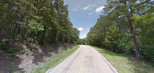 A winding road surrounded by tall trees under a clear blue sky.