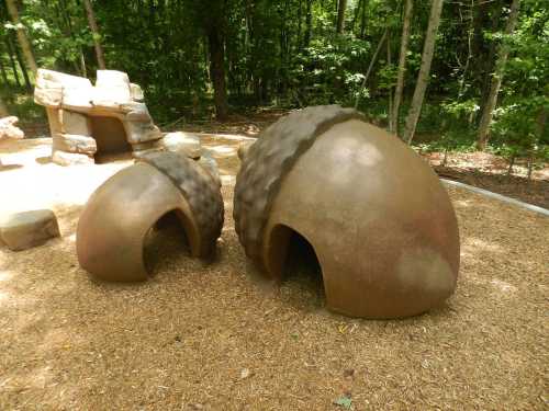 Two large, acorn-shaped play structures in a wooded area, surrounded by wood chips and natural scenery.