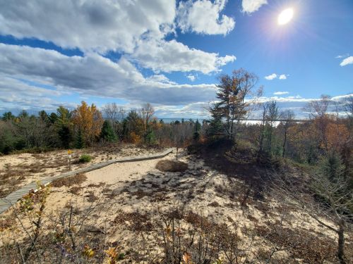 A scenic view of a sandy area surrounded by trees, with clouds and sunlight in the sky.