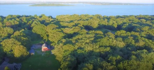 Aerial view of a lush green landscape with trees and a calm body of water in the background.