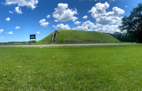 A grassy mound under a blue sky with clouds, featuring a wooden staircase and a sign nearby.