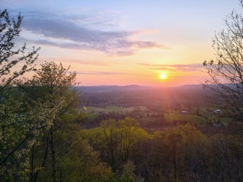 A scenic view of a sunset over rolling hills, with trees in the foreground and a colorful sky.