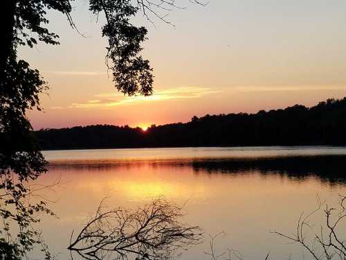 A serene sunset over a calm lake, with trees framing the scene and vibrant colors reflecting on the water.