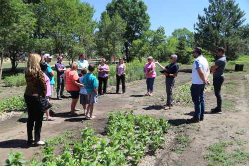 A group of people gathers in a garden, discussing plants and gardening techniques on a sunny day.