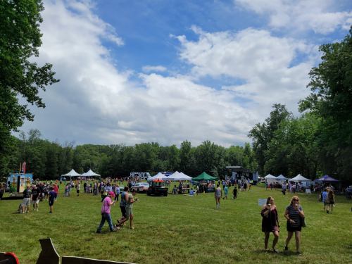 A lively outdoor event with people walking among tents and a stage, set in a green field under a partly cloudy sky.