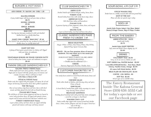 Menu featuring burgers, hot dogs, sandwiches, soups, sides, and drinks from The Eatery Restaurant in Kalona.