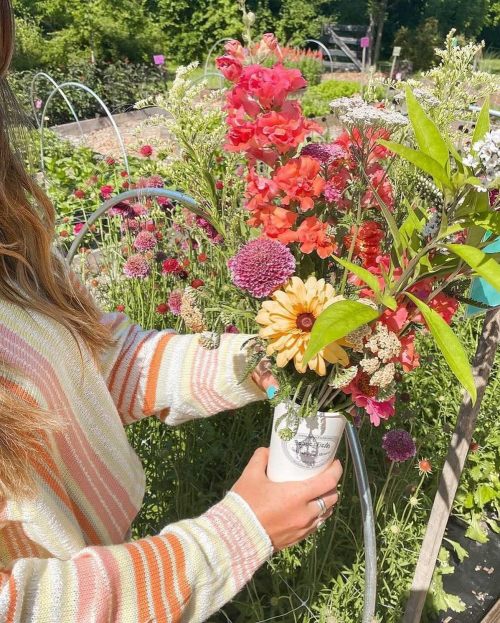 A person holds a bouquet of colorful flowers in a garden, wearing a striped sweater.