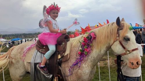 A young girl in a pink dress and flower crown rides a decorated white horse at an outdoor event.