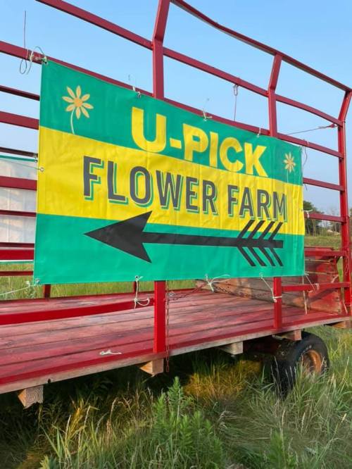 A colorful sign on a wagon reads "U-Pick Flower Farm" with an arrow pointing left, set against a grassy background.