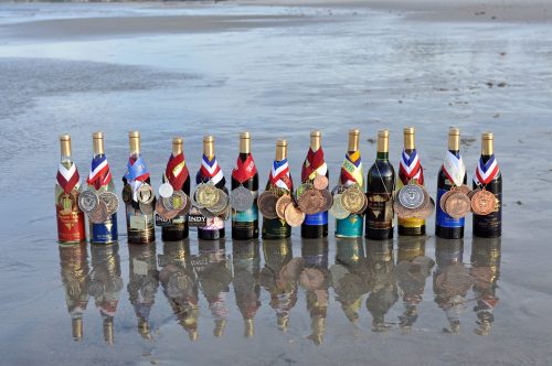 A row of wine bottles on a beach, each adorned with various medals and ribbons, reflecting in the wet sand.