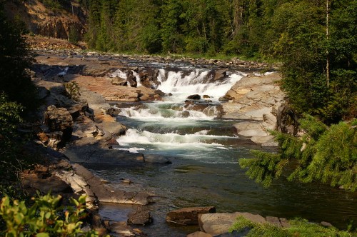 A serene river flows over rocky terrain, surrounded by lush green trees and a peaceful natural landscape.