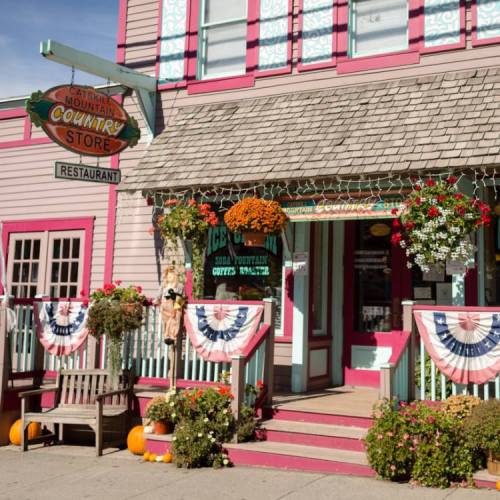 A charming country store with a sign, colorful flowers, and festive decorations on a sunny day.