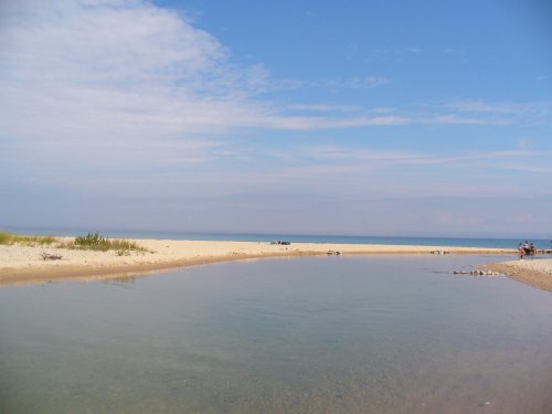 A serene beach scene with calm water, sandy shores, and a clear blue sky.