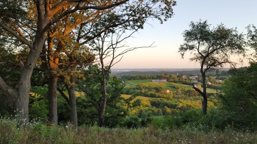 A scenic view of rolling hills and fields at sunset, framed by trees in the foreground.