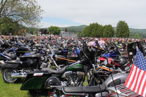 A large gathering of motorcycles parked in a grassy area, with trees and a riverboat in the background.