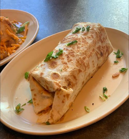 A large, golden-brown burrito on a plate, garnished with chopped green onions.