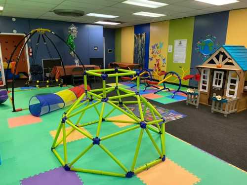 Colorful indoor play area with climbing structures, tunnels, and a playhouse on soft flooring.